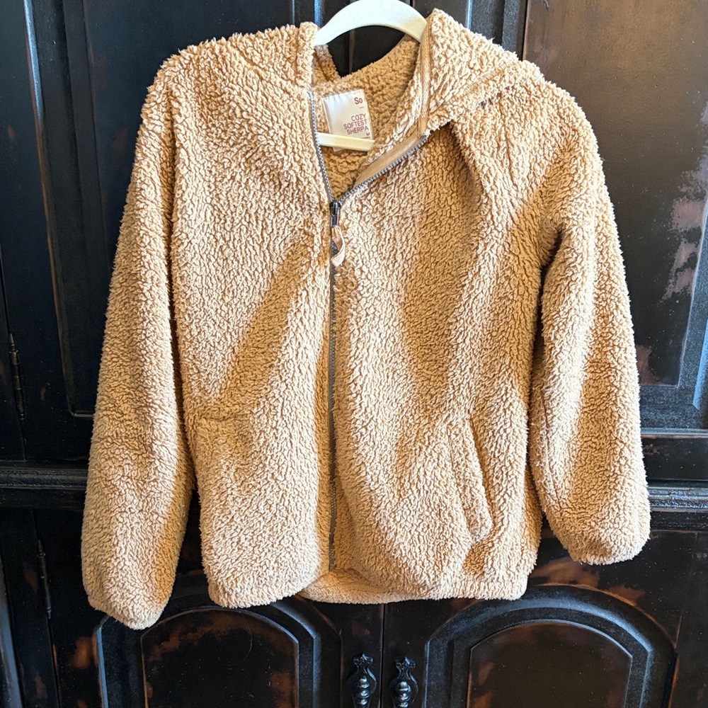 Cozy Tan Sherpa Teddy Bear Zip-Up Jacket